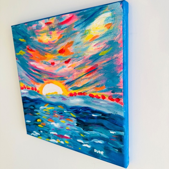 Original Painting Abstract Collectible Sunset Ocean 10" x 10" Canvas - Picture 4 of 5